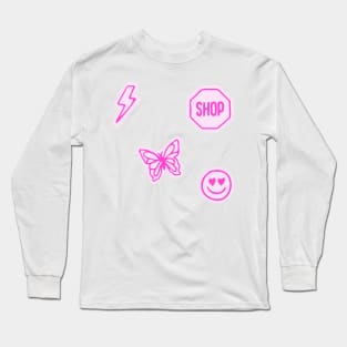 pink set butterfly lightning bolt smiley face shop sign preppy aesthetic pattern Long Sleeve T-Shirt